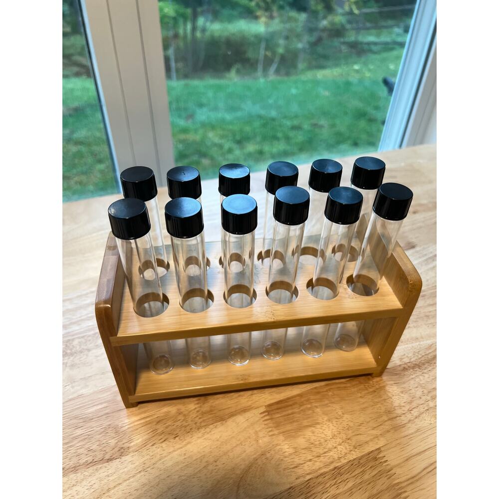 12 Capped Glass Test Tubes with Wood Stand Display Rack Science Lab Testing - Picture 2 of 12